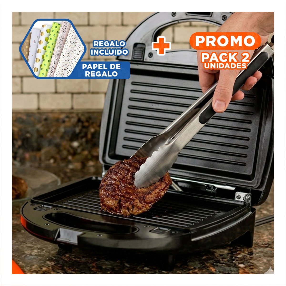 PACK2 GRILL ELECTRICO MULTIFUNCIONAL 6 EN 1 750W NEGRO Y+PAPEL REGALO - 1