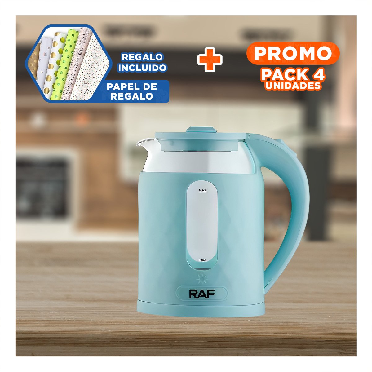 PACK4 TETERA ELECTRICA VIDRIO LIGERA Y CONFIABLE 2L PARA BEBIDAS CELESTE Y+PAPEL REGALO - 1