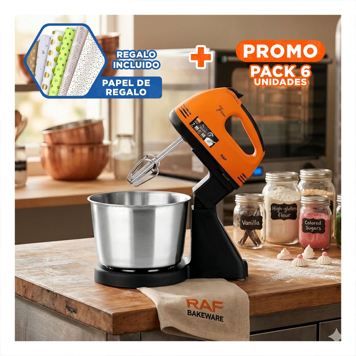 PACK6 LICUADORA COMPACTA PEDESTAL CON TAZON 2L NARANJA PARA PREPARAR POSTRES Y+PAPEL REGALO - 1