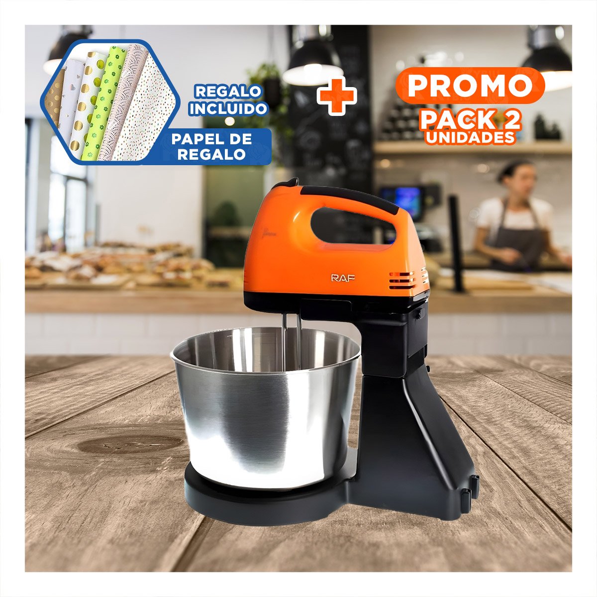 PACK2 TRITURADORA ELECTRICA PEDESTAL 2L CON TAZON NARANJA PARA MEZCLAS RAPIDAS Y+PAPEL REGALO - 1