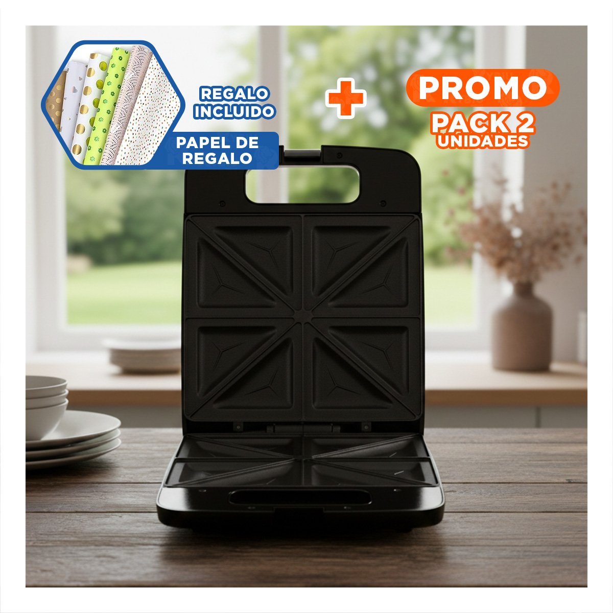 PACK2 COCINA RAPIDA CON LUZ INDICADORA PARA 4 PANES NEGRO Y LIMPIEZA FACIL Y+PAPEL REGALO - 1