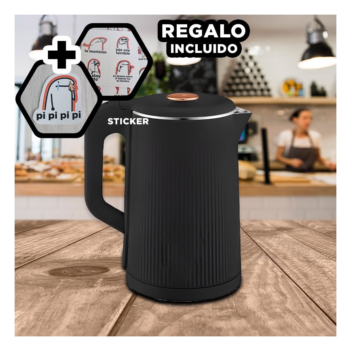 CALENTADOR ELECTRICO MODERNO Y EFICIENTE PARA USO DIARIO COLOR NEGRO 2L Y+REGALO STICKER - 1