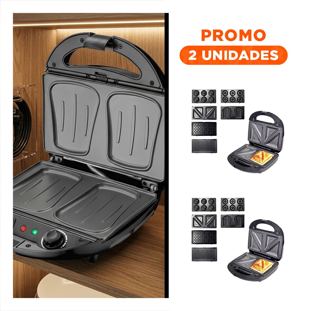PACK2 SANDWICHERA 6 EN 1 CON 750W Y PLACAS INTERCAMBIABLES COLOR NEGRO - 1