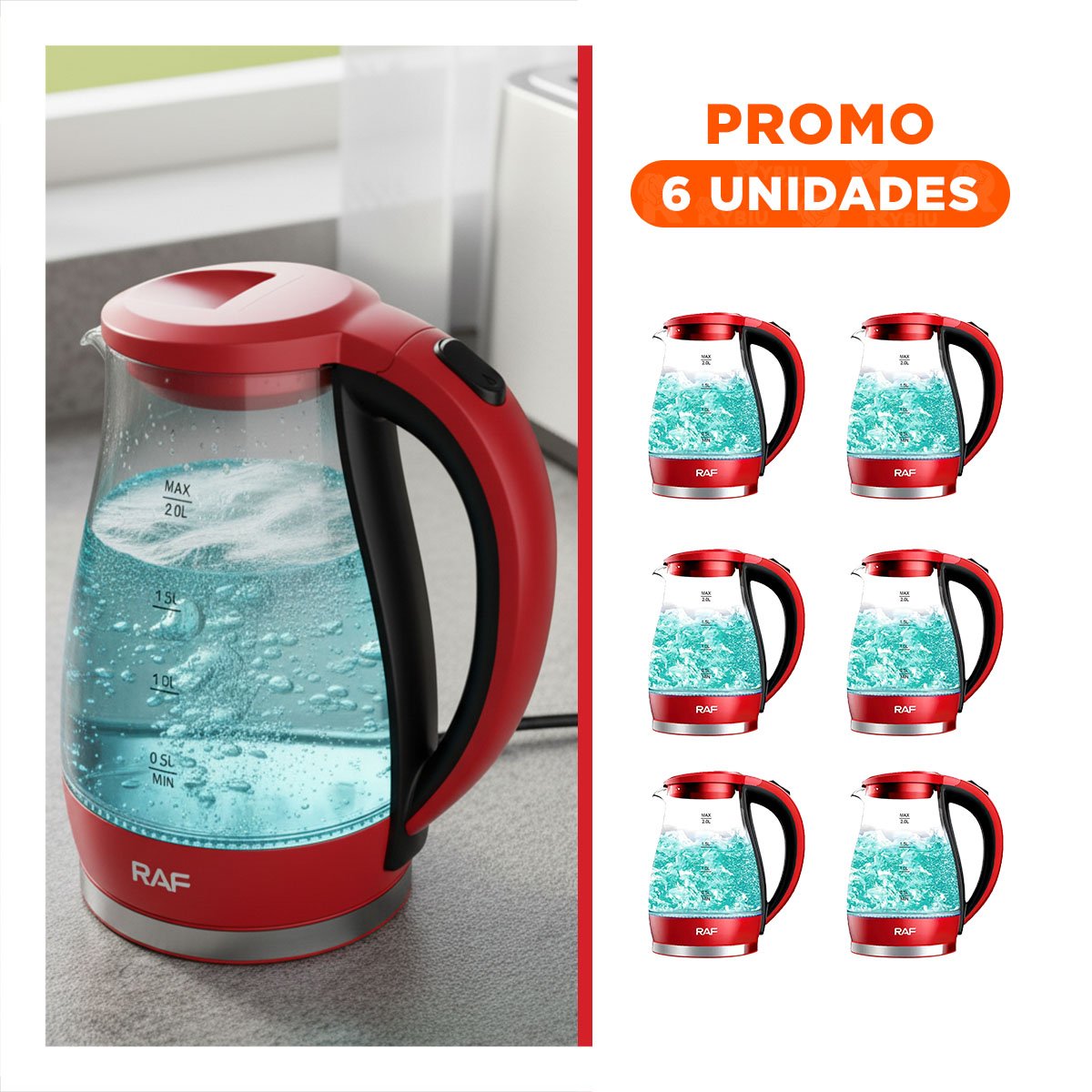 PACK6 CALENTADOR ELECTRICO DE VIDRIO 2 L COLOR ROJO CON LUZ LED Y ENCENDIDO FACIL - 1