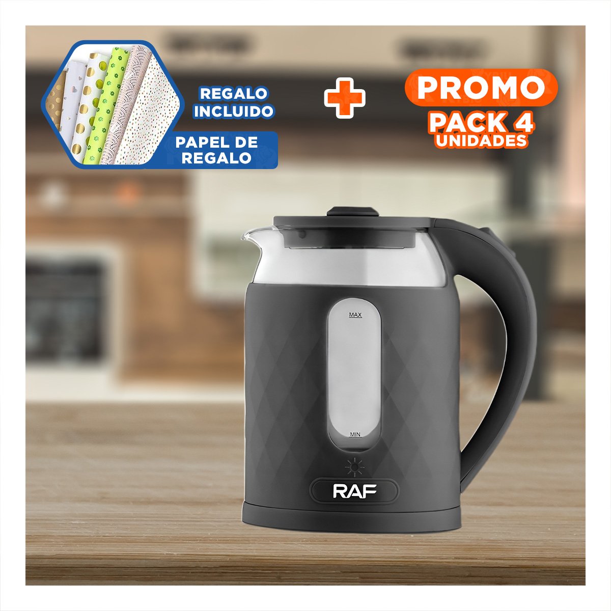 PACK4 TETERA ELECTRICA VIDRIO LIGERA Y CONFIABLE 2L PARA BEBIDAS NEGRO Y+PAPEL REGALO - 1