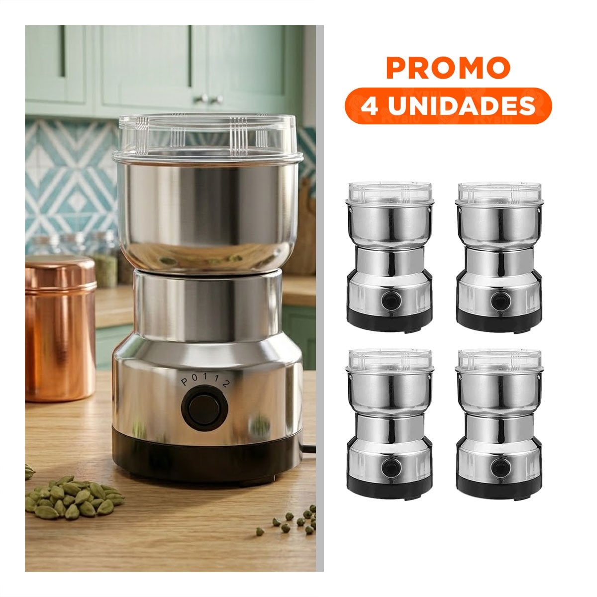 PACK4 MOLEDOR ELECTRICO DE CAFE PARA PREPARACION EN CASA PLATEADO Y+REGALO STICKER - 1