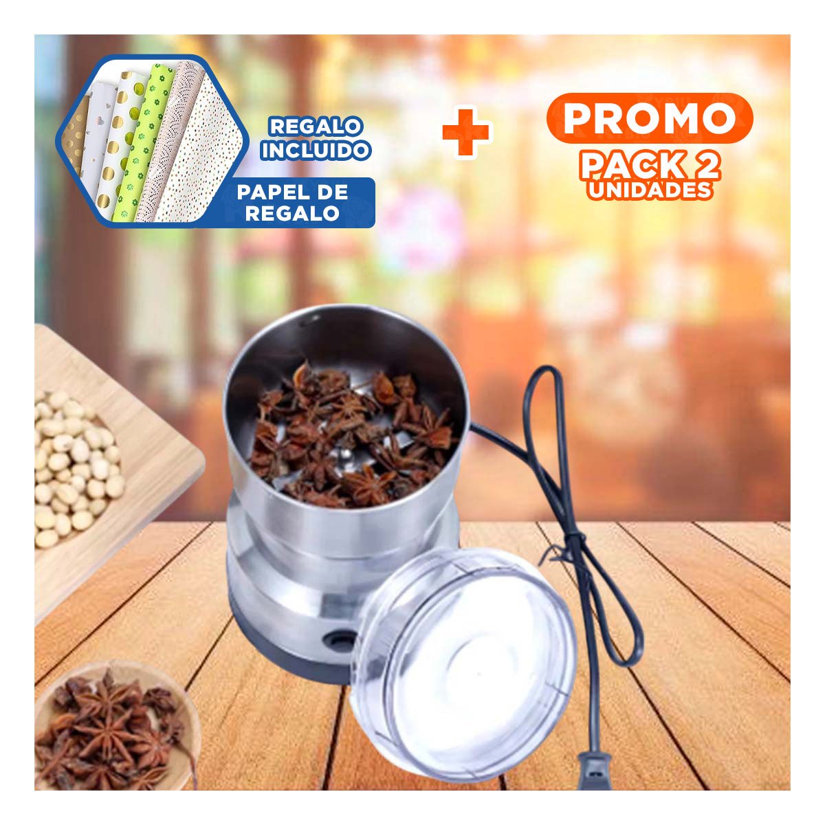 PACK2 PULVERIZADOR ELECTRICO DE CAFE PARA HOGAR COLOR PLATEADO Y+PAPEL REGALO - 1