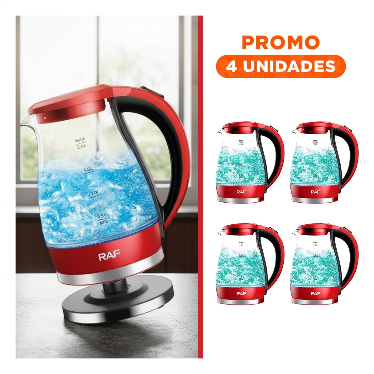 PACK4 TETERA ELECTRICA ROJO DE VIDRIO 2 L CON SISTEMA SEGURO Y BASE ESTABLE Y+REGALO STICKER - 1