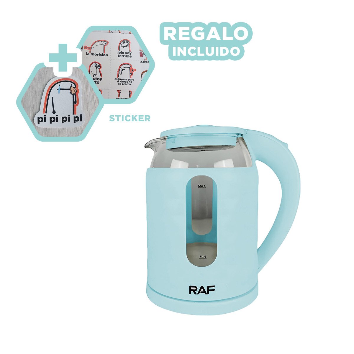 CALENTADOR ELECTRICO VIDRIO RAPIDO Y PRACTICO 2L PARA TE Y CAFE COLOR CELESTE Y+REGALO STICKER - 1