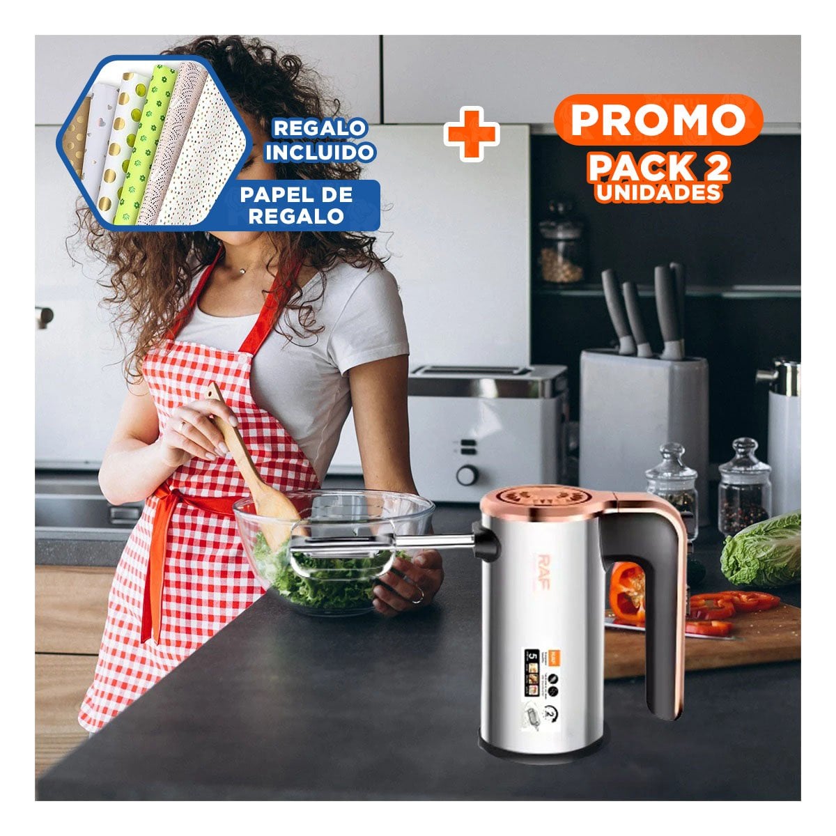 PACK2 TRITURADORA ELECTRICA POTENTE PARA COCINA COLOR PLATEADO Y+PAPEL REGALO - 1