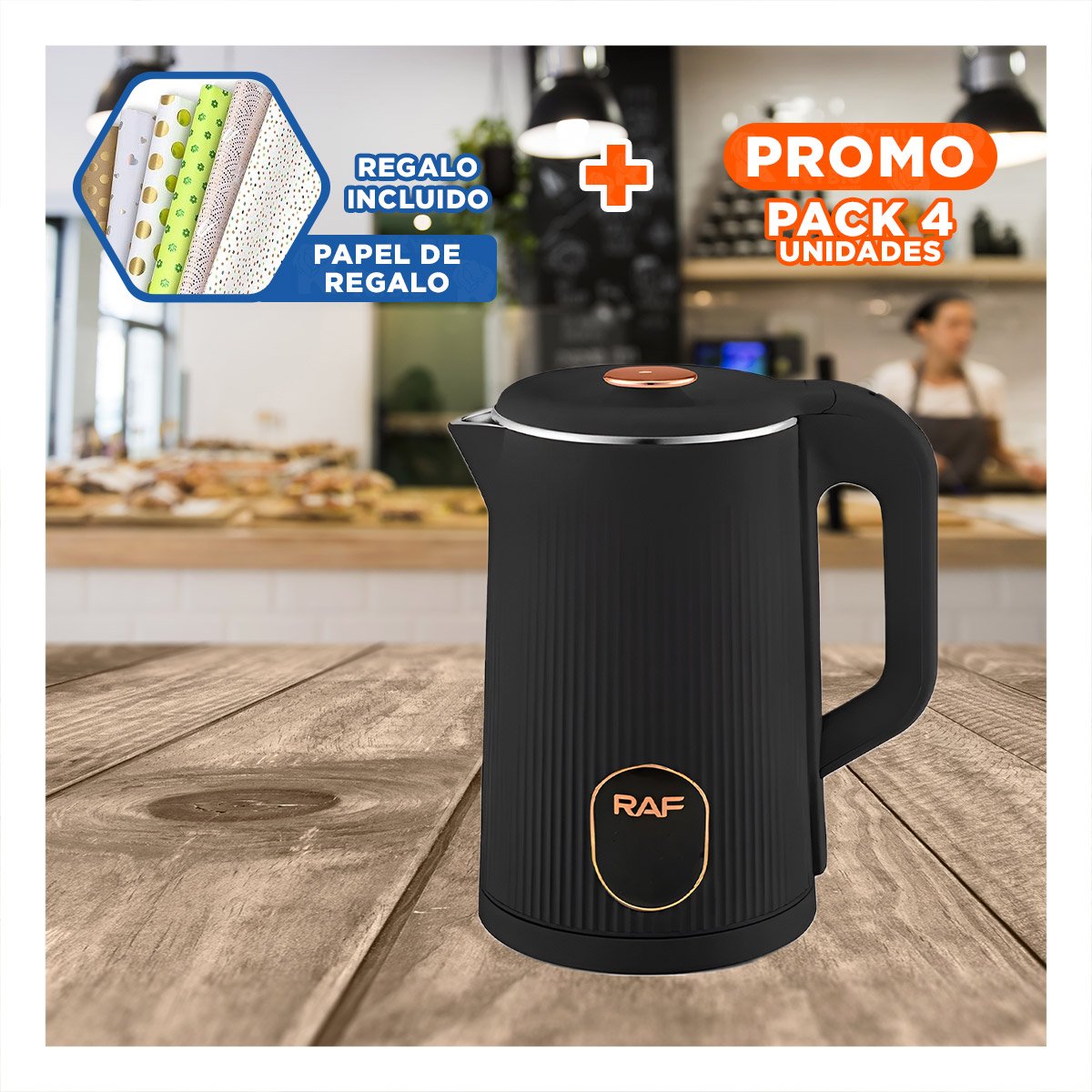 PACK4 TETERA ELECTRICA COMPACTA Y SILENCIOSA 2L PARA PREPARAR BEBIDAS NEGRO Y+PAPEL REGALO - 1