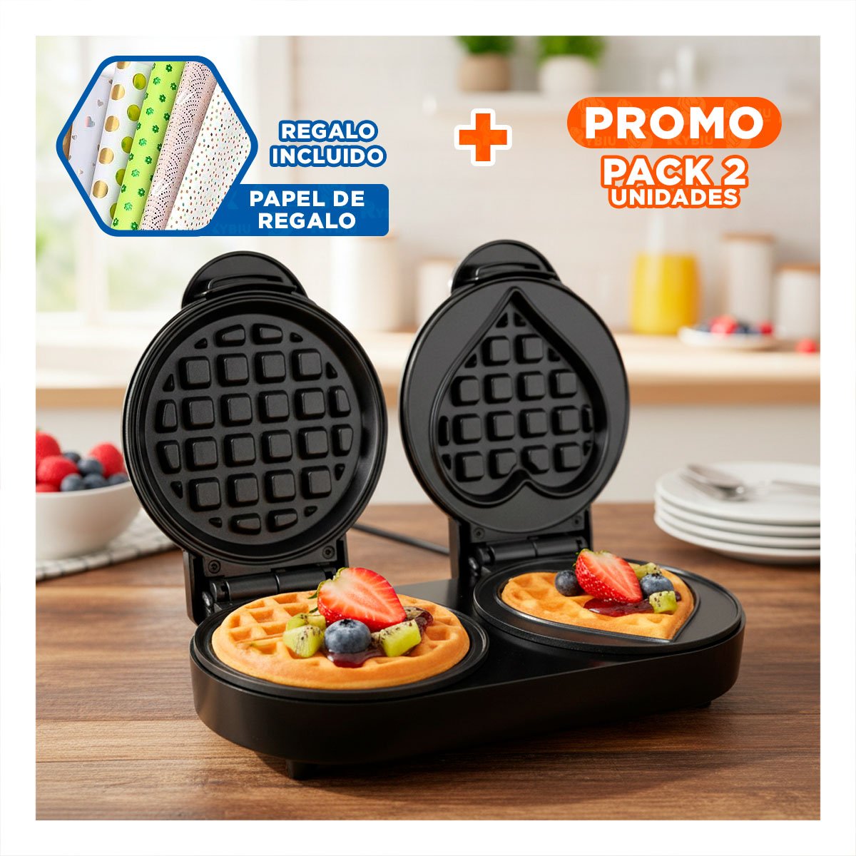 PACK2 TOSTADORA DOBLE CIRCULAR Y CORAZON NEGRO CON CALOR UNIFORME Y+PAPEL REGALO - 1