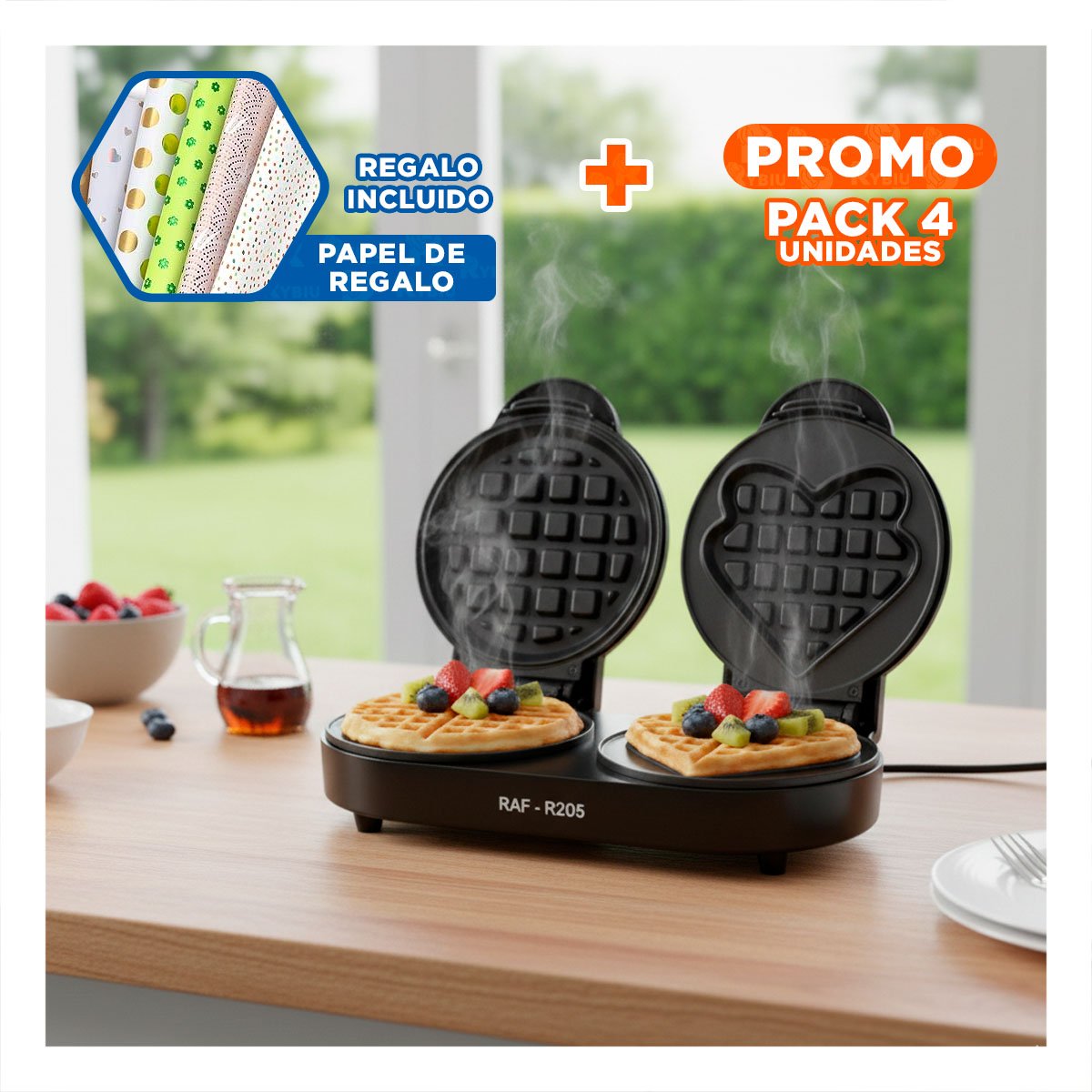 PACK4 MINI WAFLERA ELECTRICA DOBLE CIRCULAR Y CORAZON NEGRO CON BASE RESISTENTE Y+PAPEL REGALO - 1