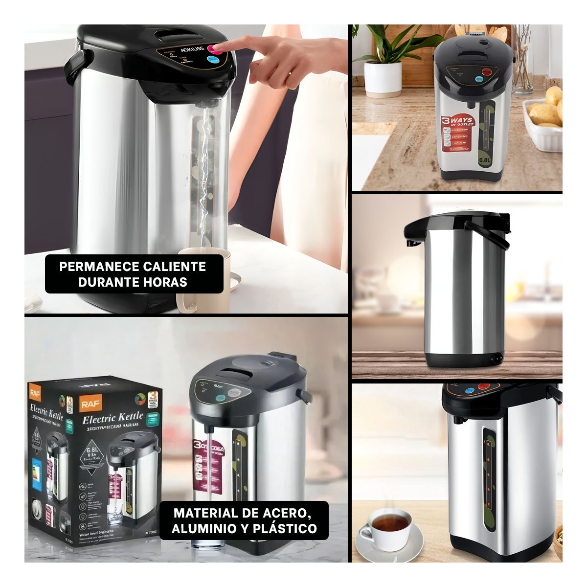 PACK2 TETERA ELÉCTRICA 6.8L PARA PREPARAR INFUSIONES, TÉ Y CAFÉ COLOR PLATEADO Y+PAPEL REGALO - 3