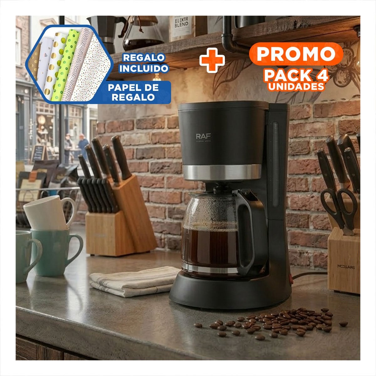 PACK4 MÁQUINA MODERNA 1.2L PARA CAFÉ DIARIO COLOR NEGRO Y+PAPEL REGALO - 1