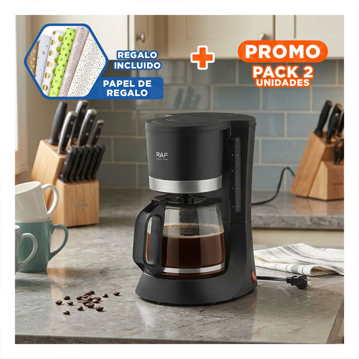 PACK2 EQUIPO MODERNA NEGRO PARA CAFÉ DIARIO Y FÁCIL LIMPIEZA 1.2L Y+PAPEL REGALO - 1