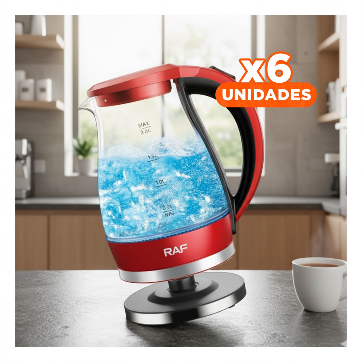 PACK6 CAFETERA ELECTRICA ROJO DE VIDRIO 2 L CON ENCENDIDO RAPIDO Y+REGALO STICKER - 1
