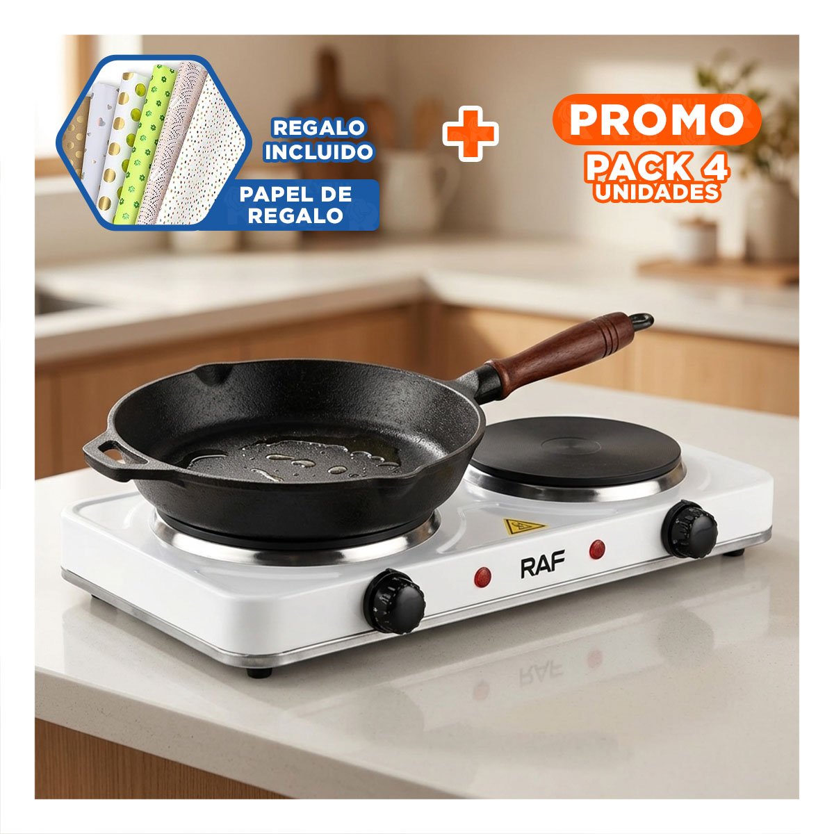 PACK4 COCINA ELECTRICA BLANCA DOBLE PORTATIL PARA PREPARAR COMIDAS RAPIDAS Y+PAPEL REGALO - 1
