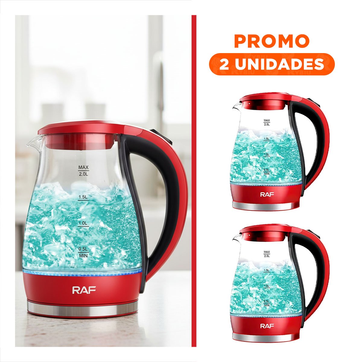 PACK2 HERVIDORA ELECTRICA DE VIDRIO ROJO 2 L CON APAGADO AUTOMATICO Y BASE SEGURA - 1