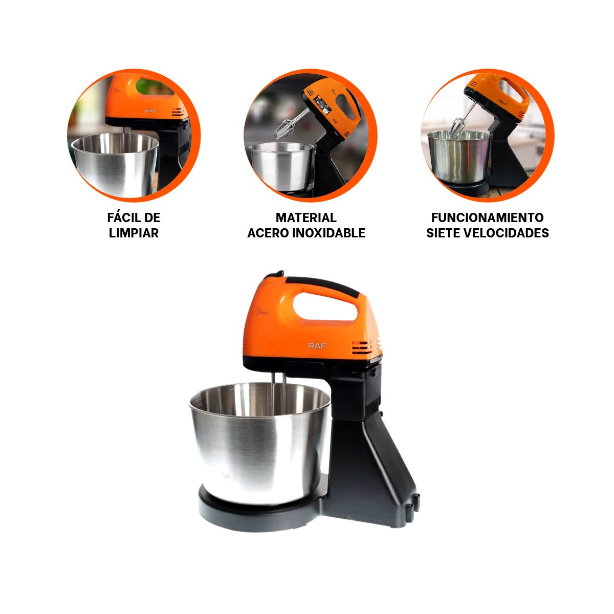BATIDORA PEDESTAL 2L CON TAZON COLOR NARANJA PARA PREPARAR MEZCLAS Y POSTRES - 3