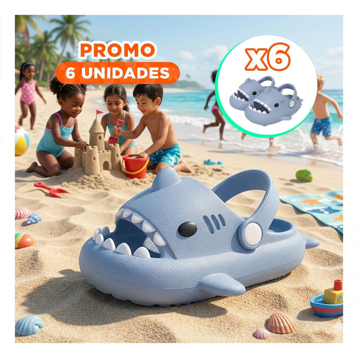 PACK6 CHANCLETA DE TIBURON CON CORREA TALLA 31 O 32 PARA NIÑOS COLOR CELESTE Y+REGALO STICKER - 1