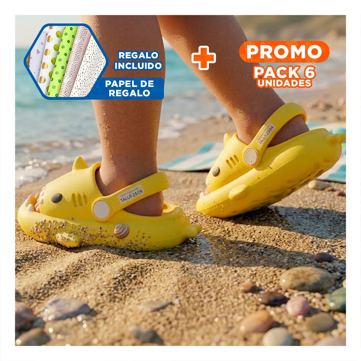 PACK6 OJOTA AMARILLO TIBURON CON CORREA DE NIÑOS TALLA 23 Y 24 PARA LA PLAYA Y+PAPEL REGALO - 1