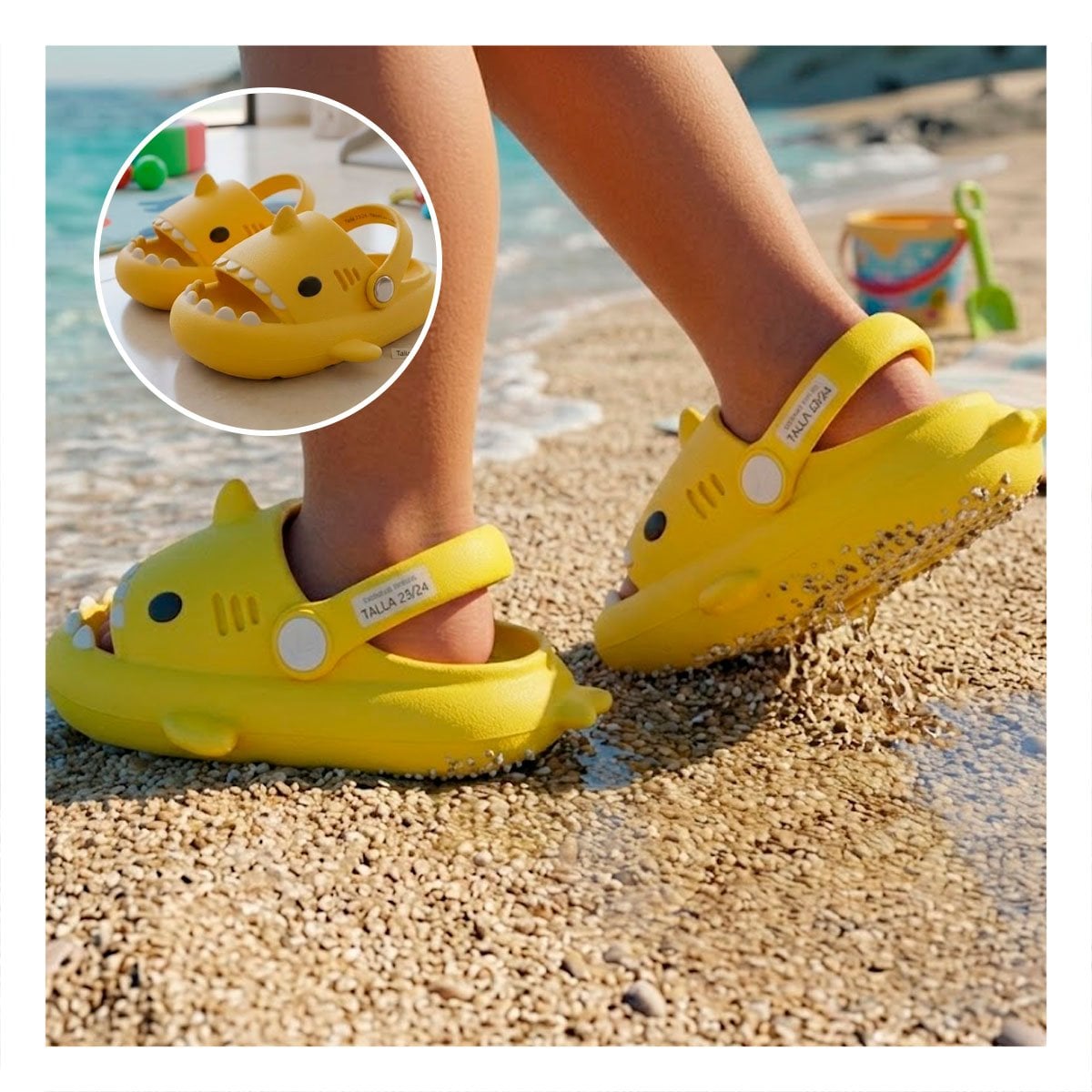 PACK6 OJOTA AMARILLO TIBURON CON CORREA DE NIÑOS TALLA 23 Y 24 PARA LA PLAYA Y+PAPEL REGALO - 2
