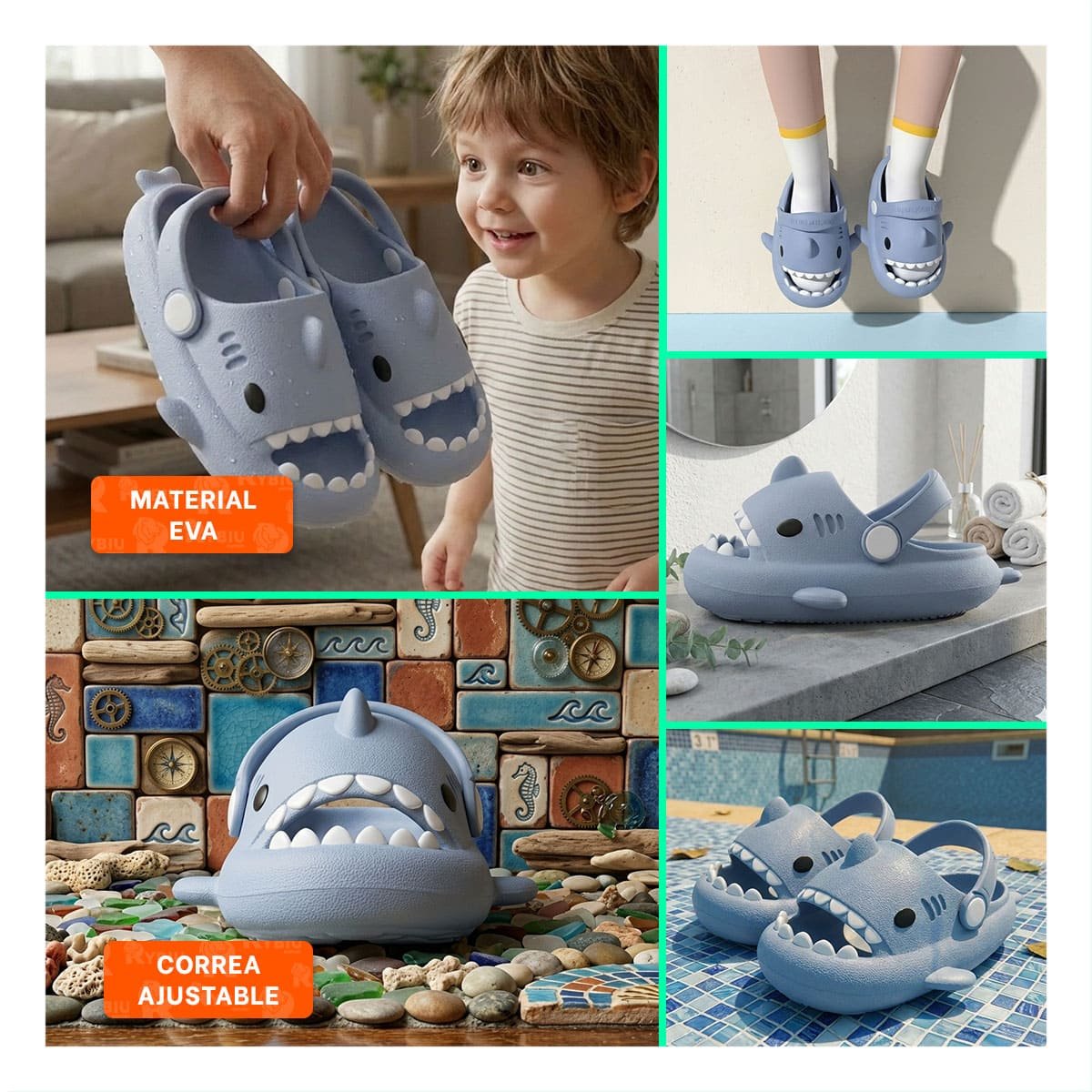 PACK4 CALZADO PARA NIÑOS DE TIBURON CON CORREA TALLA 31 O 32 COLOR CELESTE Y+REGALO STICKER - 2