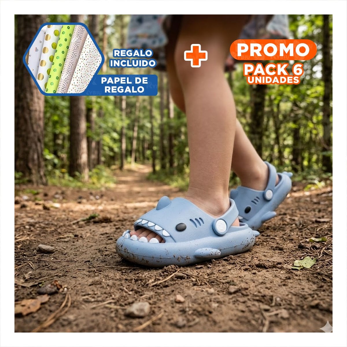 PACK6 CHALA TIBURON CELESTE CON CORREA TALLA 27/28 PARA NIÑOS DE VERANO Y+PAPEL REGALO - 1