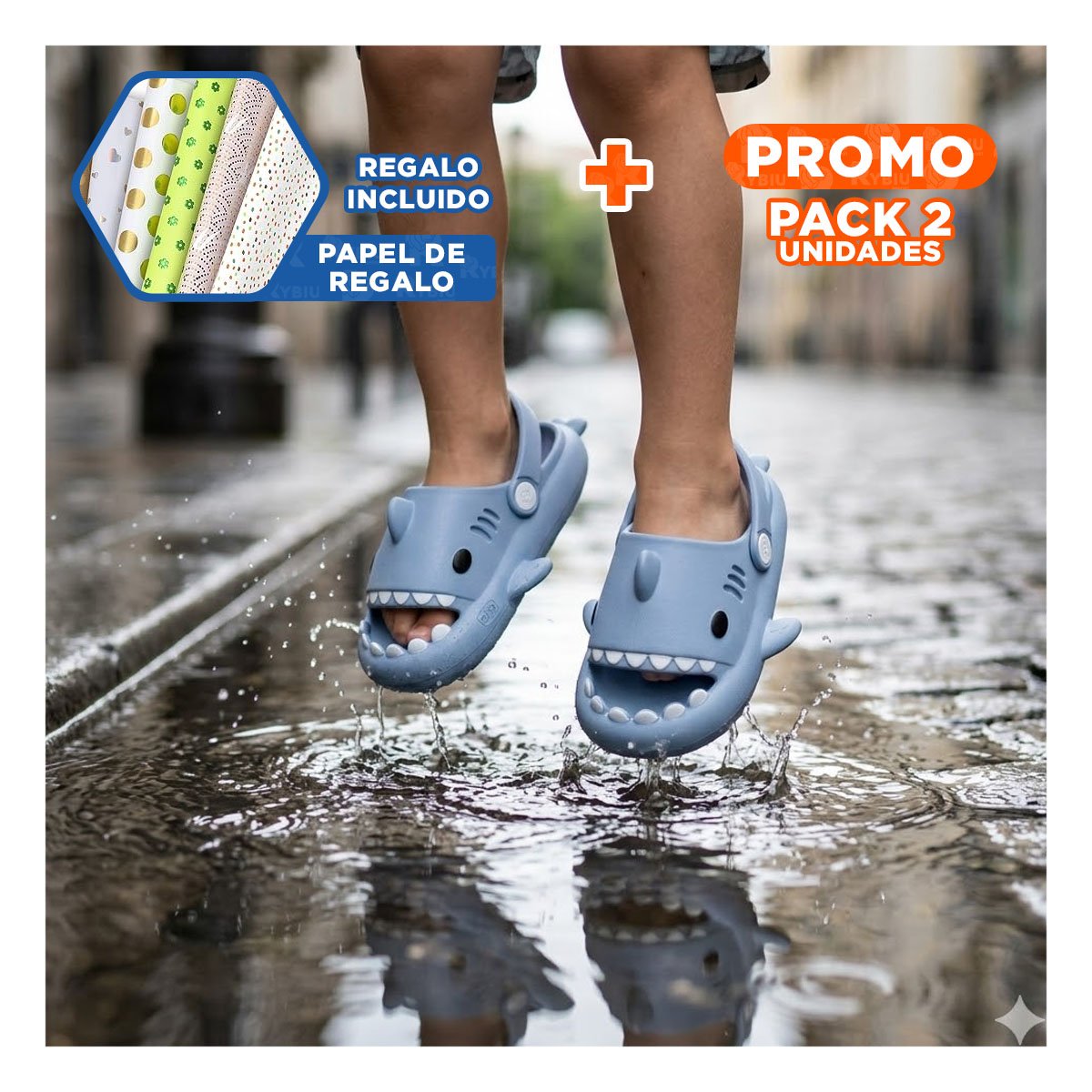 PACK2 OJOTA DE VERANO TIBURON CELESTE CON CORREA TALLA 27/28 PARA NIÑOS EN HOGAR Y+PAPEL REGALO - 1