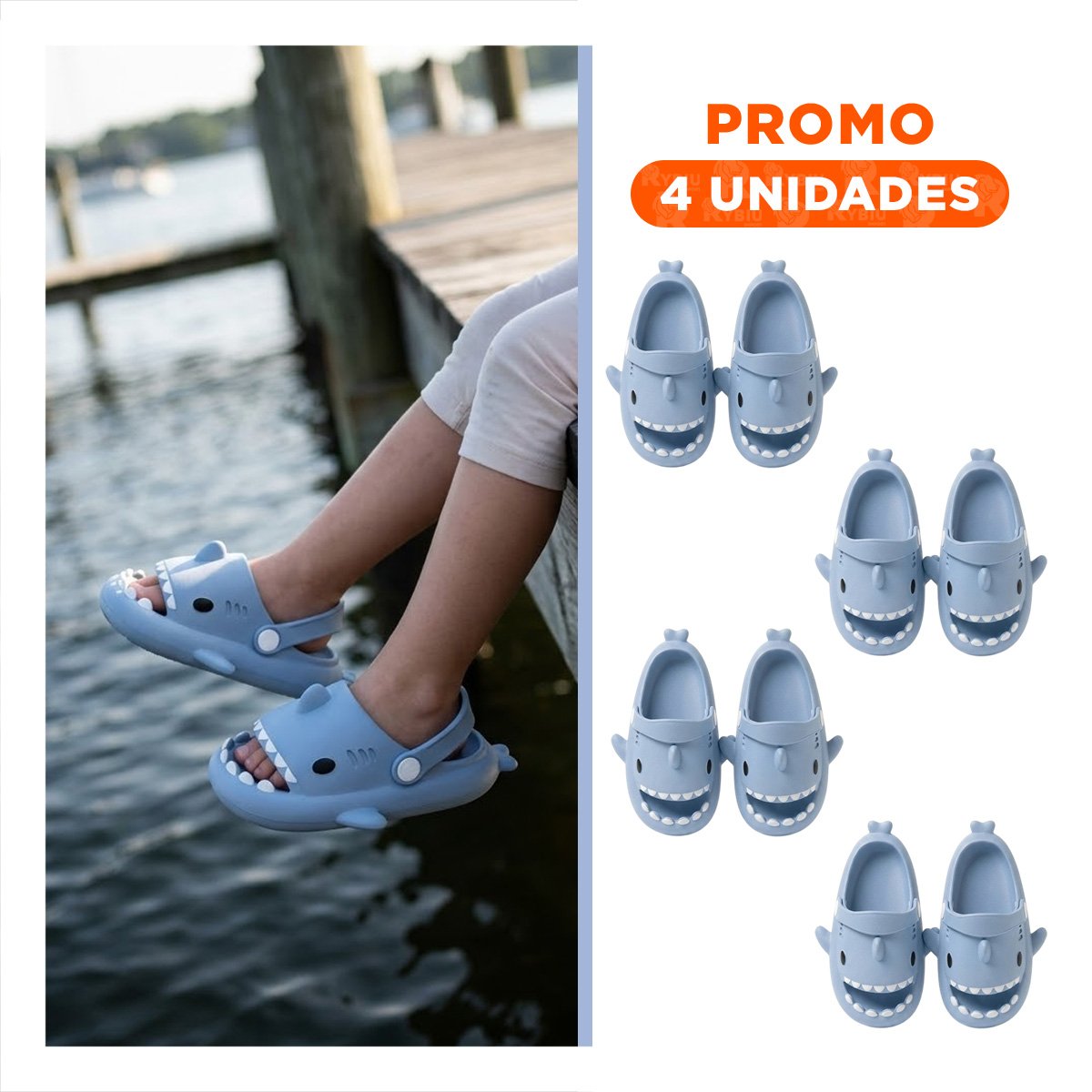 PACK4 CHANCLA DE TIBURON CELESTE TALLA 27/28 CON CORREA PARA NIÑOS EN CASA Y+REGALO STICKER - 1
