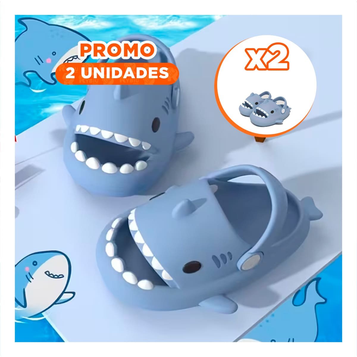 PACK2 CALZADO INFANTIL CON MOTIVO DE TIBURON TALLA 29 Y 30 EN COLOR CELESTE Y+REGALO STICKER - 1
