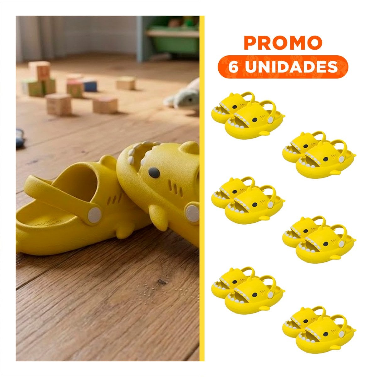 PACK6 CALZADO CON DISEÑO DE TIBURON AMARILLO TALLA 23 Y 24 CON CORREA DE VERANO - 1