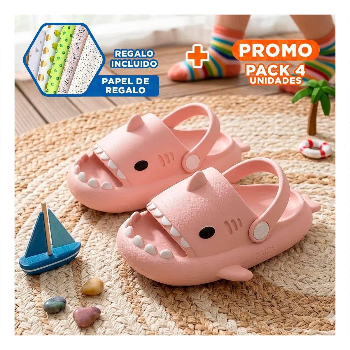PACK4 SLIDE DE TIBURON INFANTIL ROSADO CON CORREA EN TALLA 29 30 PARA PLAYA Y+PAPEL REGALO - 1