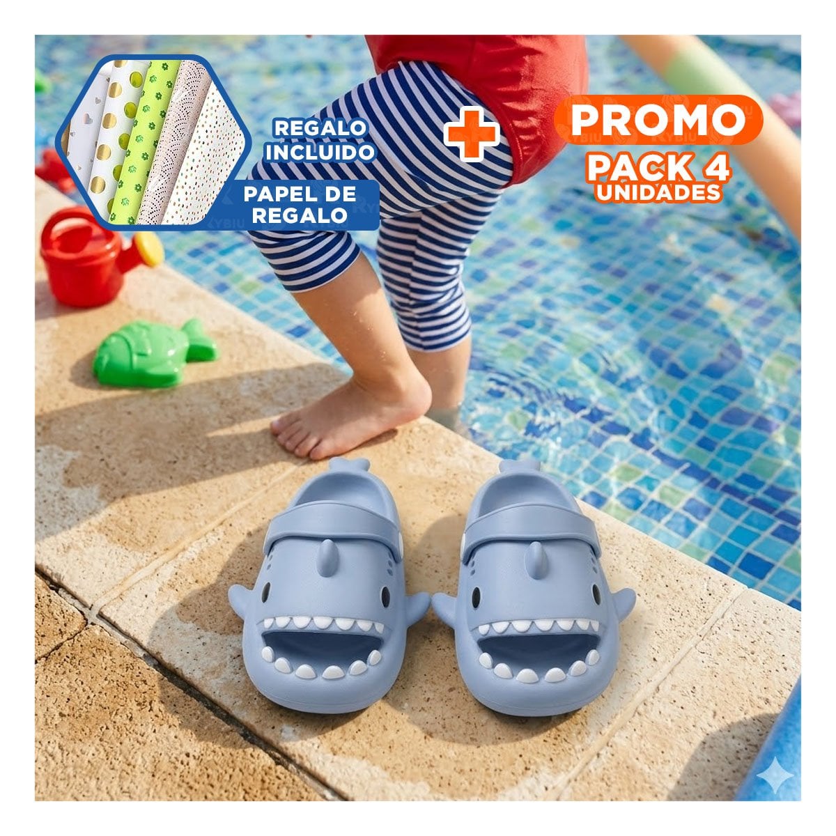 PACK4 CALZADO PARA NIÑOS TIBURON CELESTE TALLA 27/28 CON CORREA DE VERANO Y+PAPEL REGALO - 1