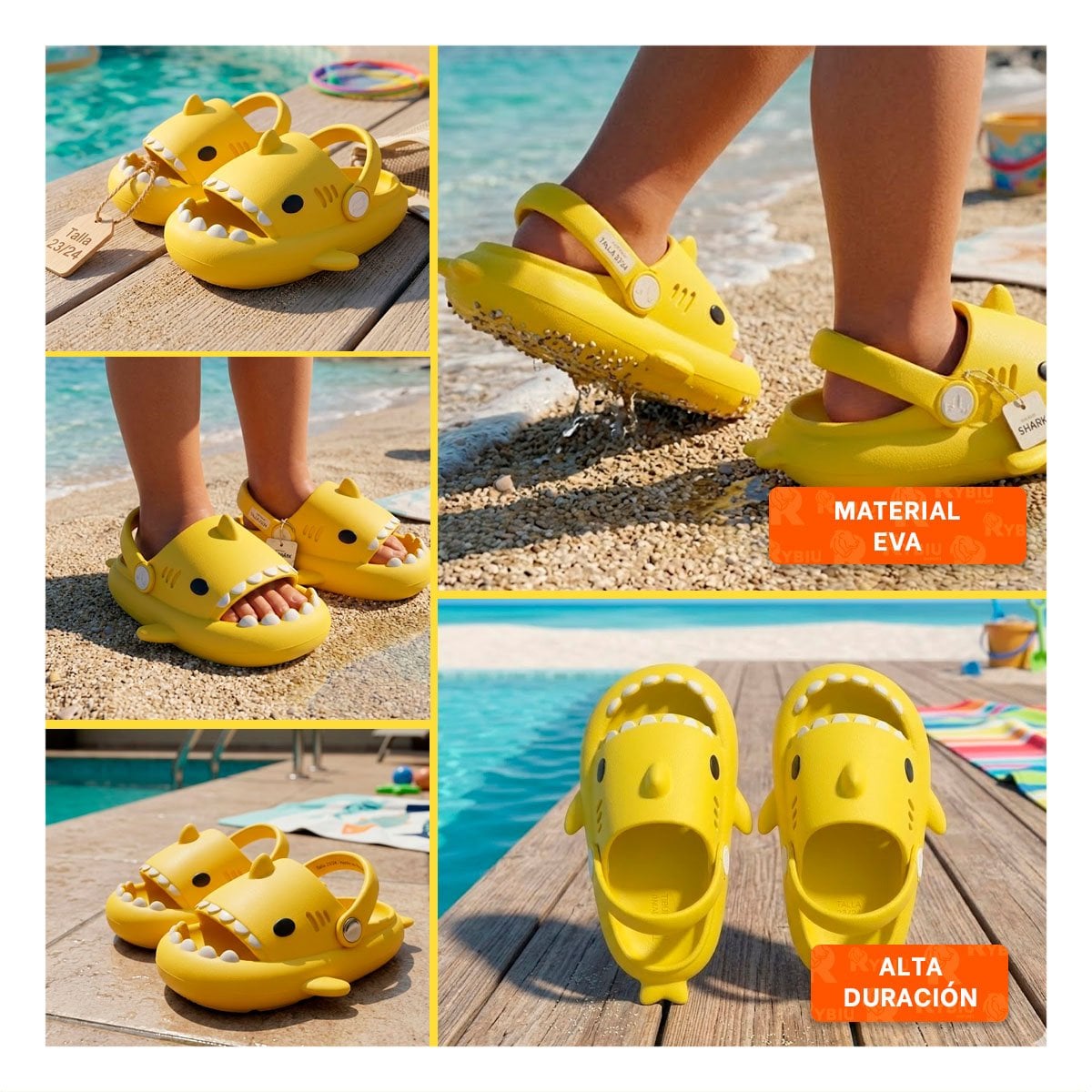 SANDALIA AMARILLA DE TIBURON TALLA 23 Y 24 CON CORREA PARA NIÑOS DE GOMA Y+POST IT - 1