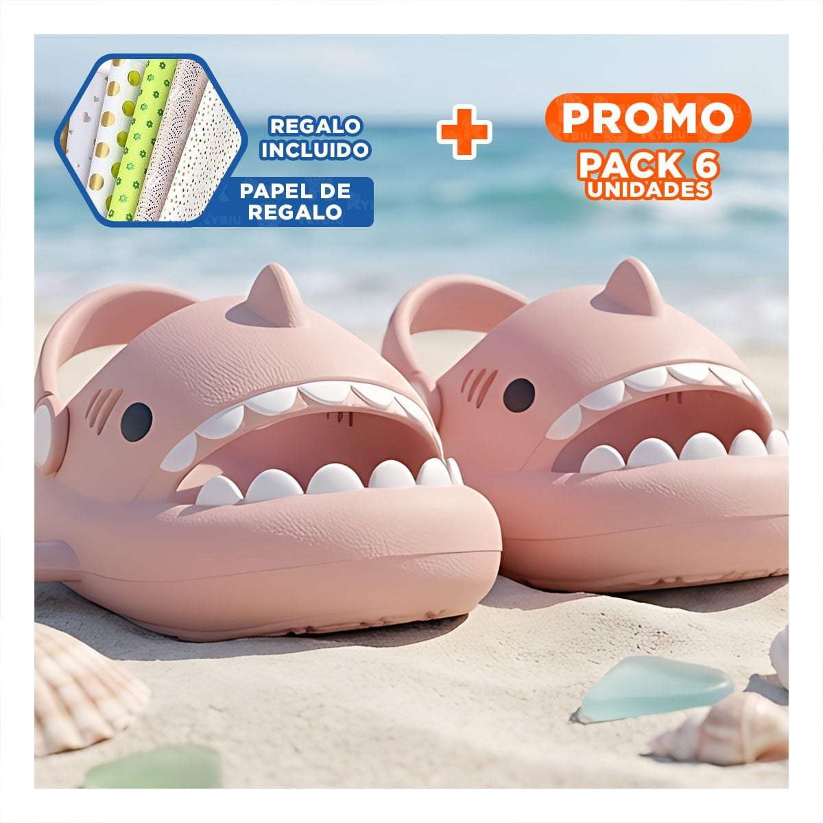PACK6 CALZADO TIBURON ROSADO CON CORREA TALLA 27 28 DE GOMA PARA NIÑA Y+PAPEL REGALO - 1