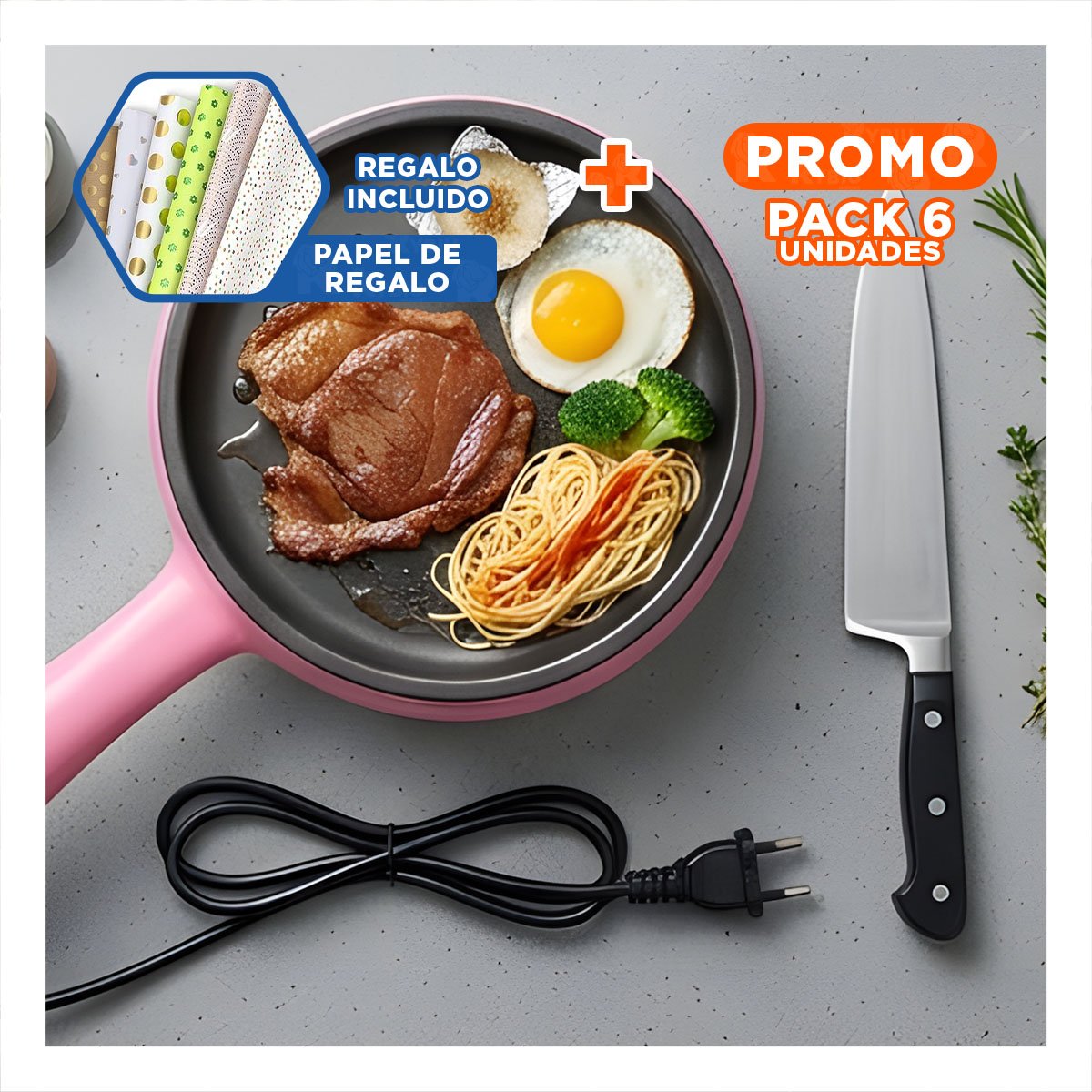 PACK6 USO SENCILLO DE TETERA ELECTRICA 2 EN 1 ROSADA FREIDORA PARA COMIDA RAPIDA Y+PAPEL REGALO - 1