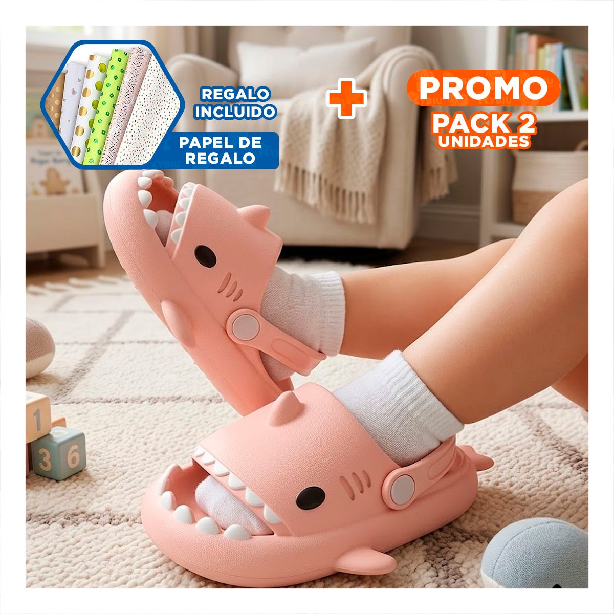 PACK2 OJOTA CON CORREA ROSADO TIBURON TALLA 25 26 PARA NIÑAS ESTILO DE VERANO Y+PAPEL REGALO - 1