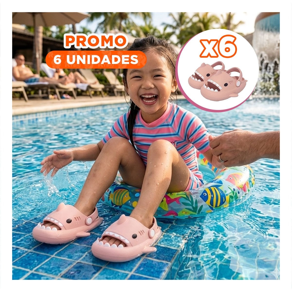 PACK6 CHANCLA ROSADO DE TIBURON CON CORREA TALLA 21 22 PARA NIÑA DE PLAYA Y+REGALO STICKER - 1