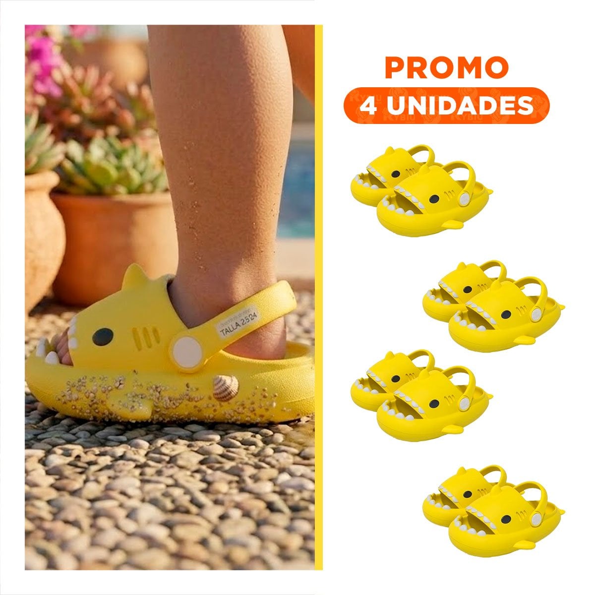PACK4 HUARACHE TIBURON EN TALLA 23 Y 24 AMARILLO CON CORREA DE NIÑOS SUAVE Y+REGALO STICKER - 1