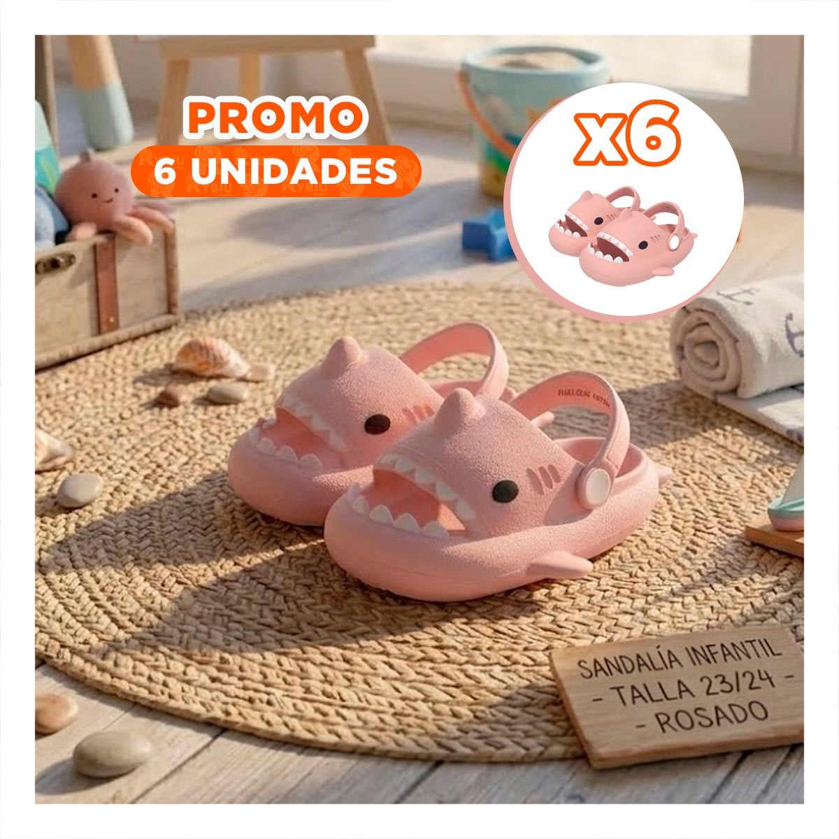PACK6 OJOTA DE NIÑA TALLA 23 24 CON CORREA DE TIBURON EN UN COLOR ROSADO Y+REGALO STICKER - 1