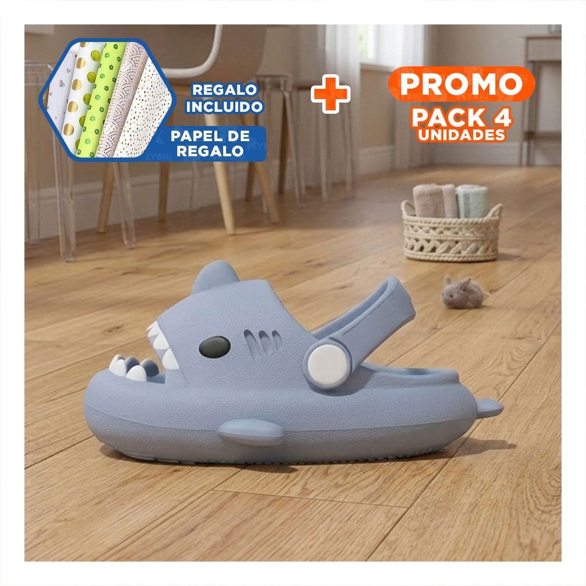 PACK4 PANTUFLA CELESTE DE TIBURON CON CORREA PARA NIÑOS EN TALLA 31 O 32 Y+PAPEL REGALO - 1