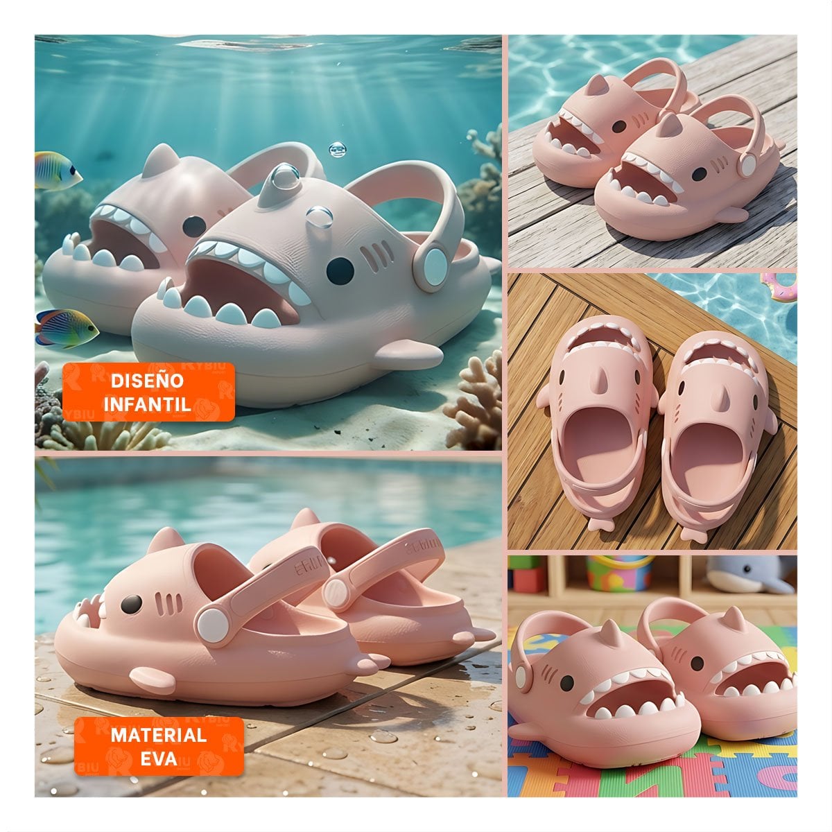 PANTUFLA DE GOMA TALLA 27 28 CON CORREA TIBURON ROSADO DE NIÑA - 5