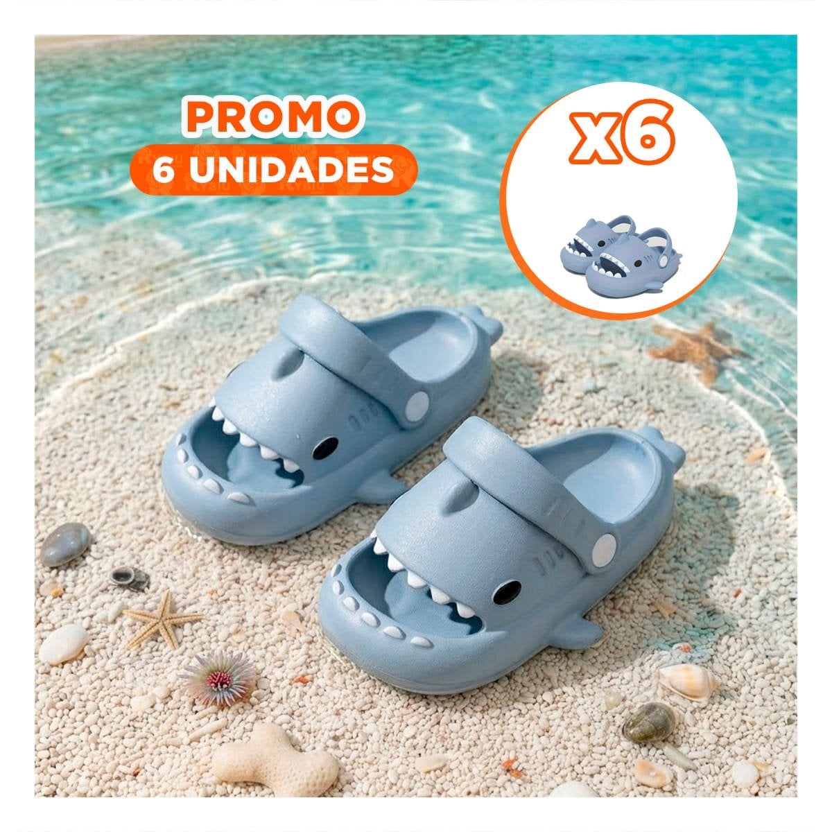 PACK6 CHANCLA INFANTIL CON MOTIVO DE TIBURON EN CELESTE PARA TALLA 29 Y 30 Y+REGALO STICKER - 1