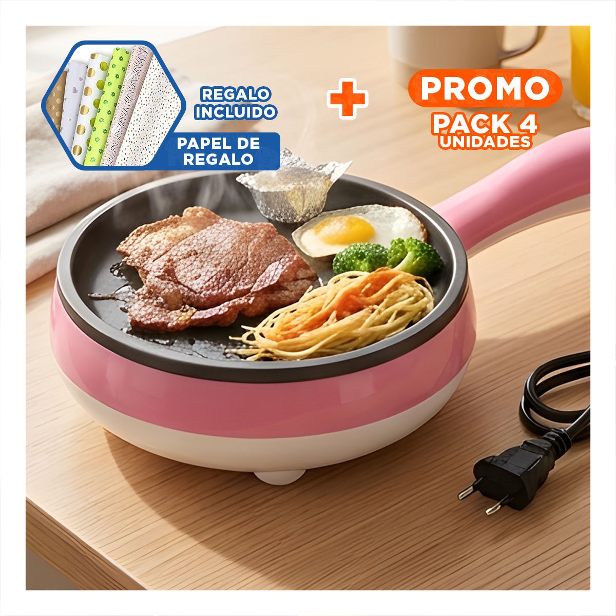PACK4 DISEÑO ERGONOMICO EN TETERA 2 EN 1 ROSADA FREIDORA PORTATIL PARA EL HOGAR Y+PAPEL REGALO - 1