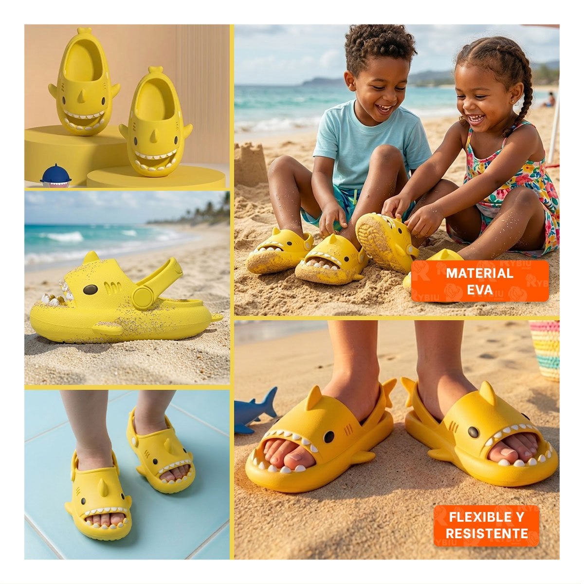 PACK4 BABUCHAS DE TIBURON AMARILLO CON CORREA PARA NIÑOS TALLA 22 DE COLORES Y+REGALO STICKER - 2