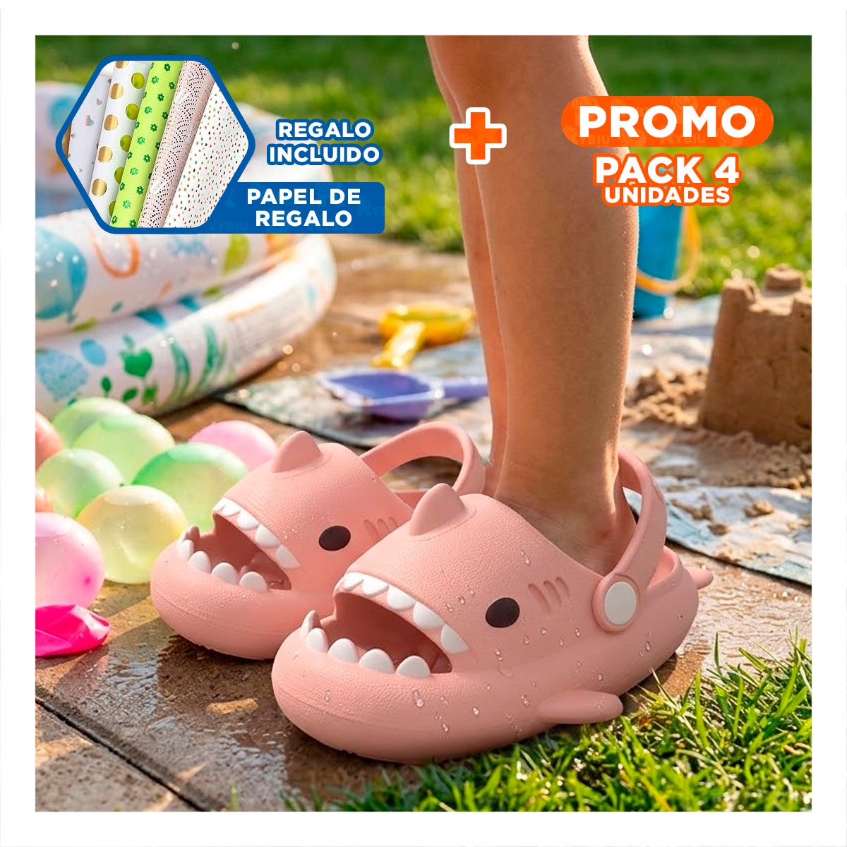 PACK4 HUARACHE TALLA 25 26 CON CORREA PARA NIÑAS ROSADO TIBURON PARA CASA LINDA Y+PAPEL REGALO - 1