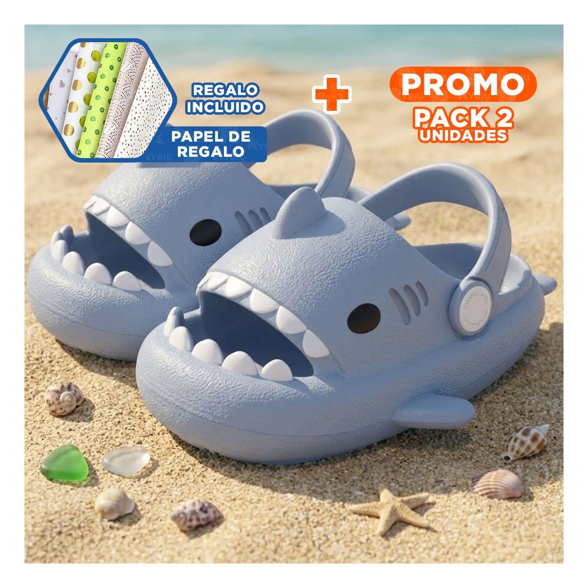 PACK2 HUARACHE DE TIBURON PARA NIÑOS CON CORREA TALLA 31 O 32 COLOR CELESTE Y+PAPEL REGALO - 1