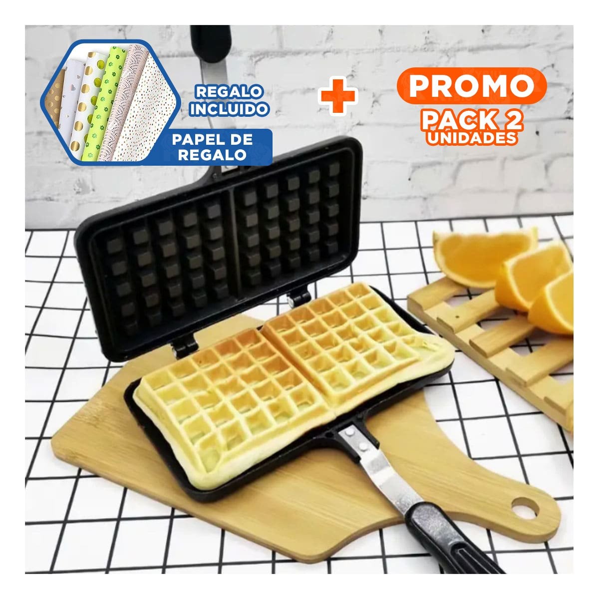 PACK2 WAFLERA PORTATIL DOBLE CON MANGO LARGO COLOR NEGRO PARA MERIENDAS Y+PAPEL REGALO - 1